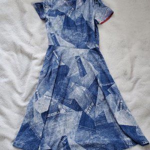 Vintage 1970's-1980's Faux Denim Dress w/Contrasting Stitching, Sz S/M